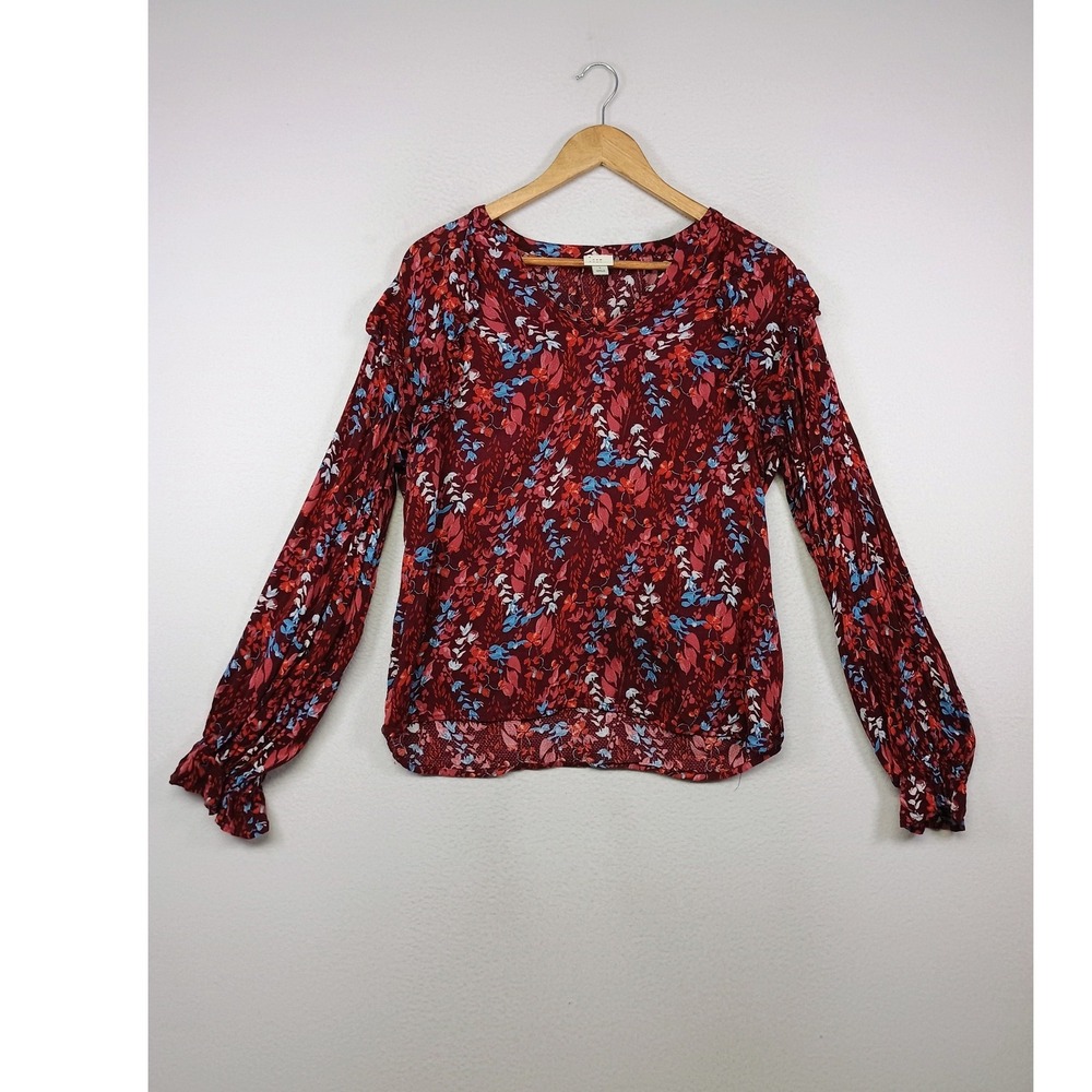 Boho Romantic A New Day Womens Large Red Floral Ruffle‎ Cuff V-Neck Blouse Top